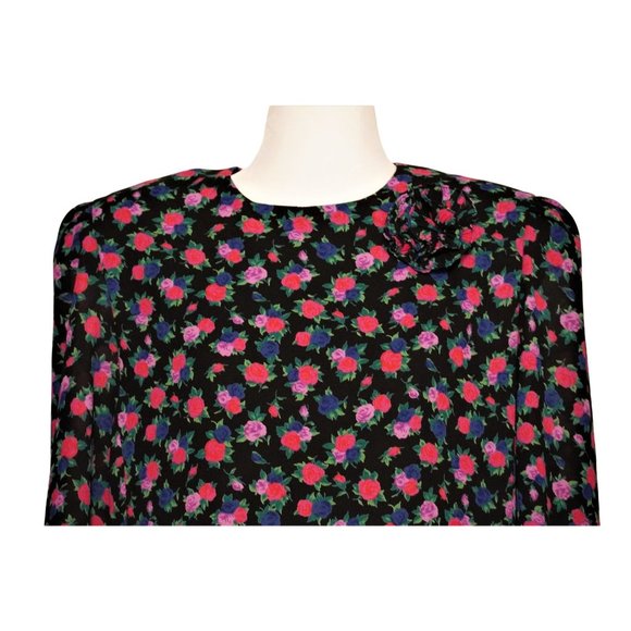 Floral Dress, Flapper Style Shift, Size 14, Rosette Pin, 80s Dress, Pleated Laye - Picture 2 of 15